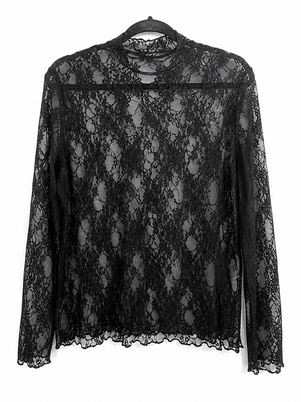 Jade by Jane Black Sheer Floral Lace Mock Neck Long Sleeve Top Size Large